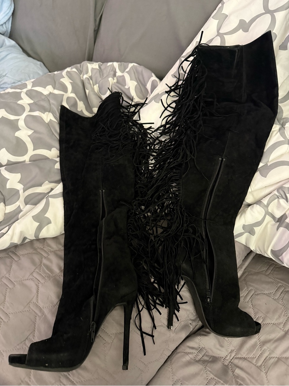 Black Fringe Over-the-Knee Stiletto Boots - Women